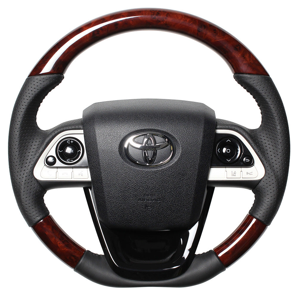 REAL ORIGINAL SERIES SET BROWN WOOD STEERING + PIANO BLACK UNDER PAD BLACK STITCH STEERING WHEEL FOR TOYOTA MIRAI 10  50-BRW-BK-PBP