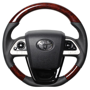 REAL ORIGINAL SERIES SET BROWN WOOD STEERING + PIANO BLACK UNDER PAD BLACK STITCH STEERING WHEEL FOR TOYOTA PRIUS PHV 50  50-BRW-BK-PBP