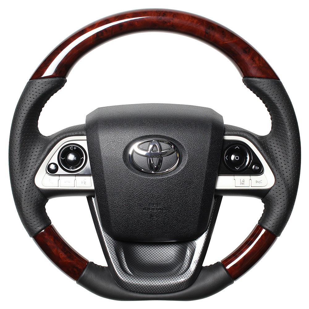 REAL ORIGINAL SERIES SET BROWN WOOD STEERING + BLACK CARBON PRINT UNDER PAD BLACK STITCH STEERING WHEEL FOR TOYOTA MIRAI 10  50-BRW-BK-BKT