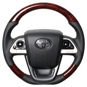 REAL ORIGINAL SERIES SET BROWN WOOD STEERING + BLACK CARBON PRINT UNDER PAD BLACK STITCH STEERING WHEEL FOR TOYOTA MIRAI 10  50-BRW-BK-BKT