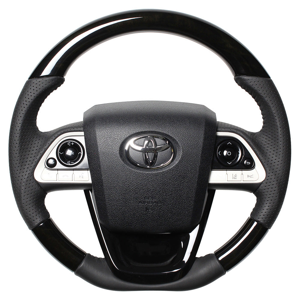 REAL ORIGINAL SERIES SET BLACK WOOD STEERING + PIANO BLACK UNDER PAD BLACK STITCH STEERING WHEEL FOR TOYOTA PRIUS 50  50-BKW-BK-PBP