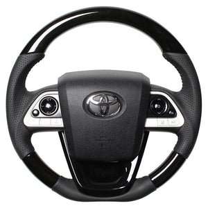 REAL ORIGINAL SERIES SET BLACK WOOD STEERING + PIANO BLACK UNDER PAD BLACK STITCH STEERING WHEEL FOR TOYOTA PRIUS 50  50-BKW-BK-PBP