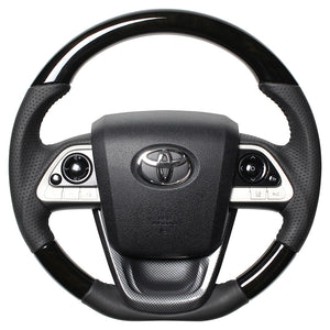 REAL ORIGINAL SERIES SET BLACK WOOD STEERING + BLACK CARBON PRINT UNDER PAD BLACK STITCH STEERING WHEEL FOR TOYOTA MIRAI 10  50-BKW-BK-BKT