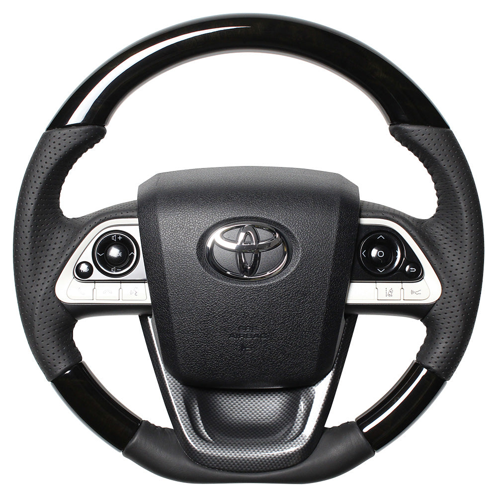 REAL ORIGINAL SERIES SET BLACK WOOD STEERING + BLACK CARBON PRINT UNDER PAD BLACK STITCH STEERING WHEEL FOR TOYOTA PRIUS PHV 50  50-BKW-BK-BKT
