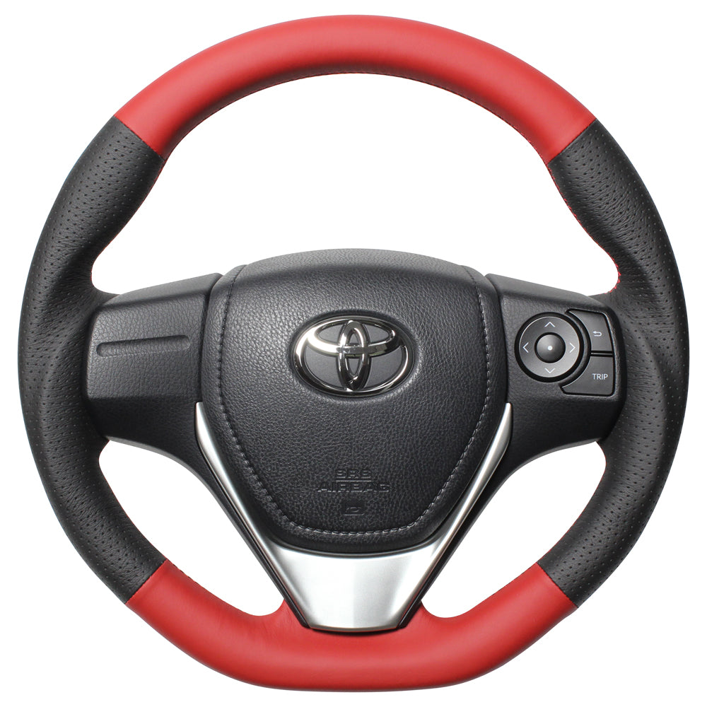 REAL ORIGINAL SERIES D SHAPE RED & BLACK ALL LEATHER RED X BLACK EURO STITCH STEERING WHEEL FOR TOYOTA ISIS 10 : KOUKI 3 SPOKE TYPE E160-LPB-RD