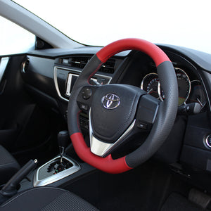 REAL ORIGINAL SERIES D SHAPE RED & BLACK ALL LEATHER RED X BLACK EURO STITCH STEERING WHEEL FOR TOYOTA COROLLA AXIO 160  E160-LPB-RD