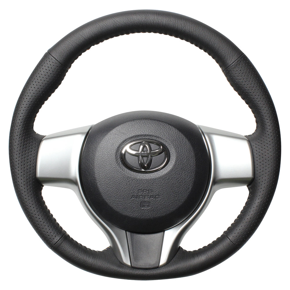REAL ORIGINAL SERIES SOFT D SHAPE BLACK ALL LEATHER SILVER STITCH STEERING WHEEL FOR TOYOTA RACTIS 120  P130-LPB-SL