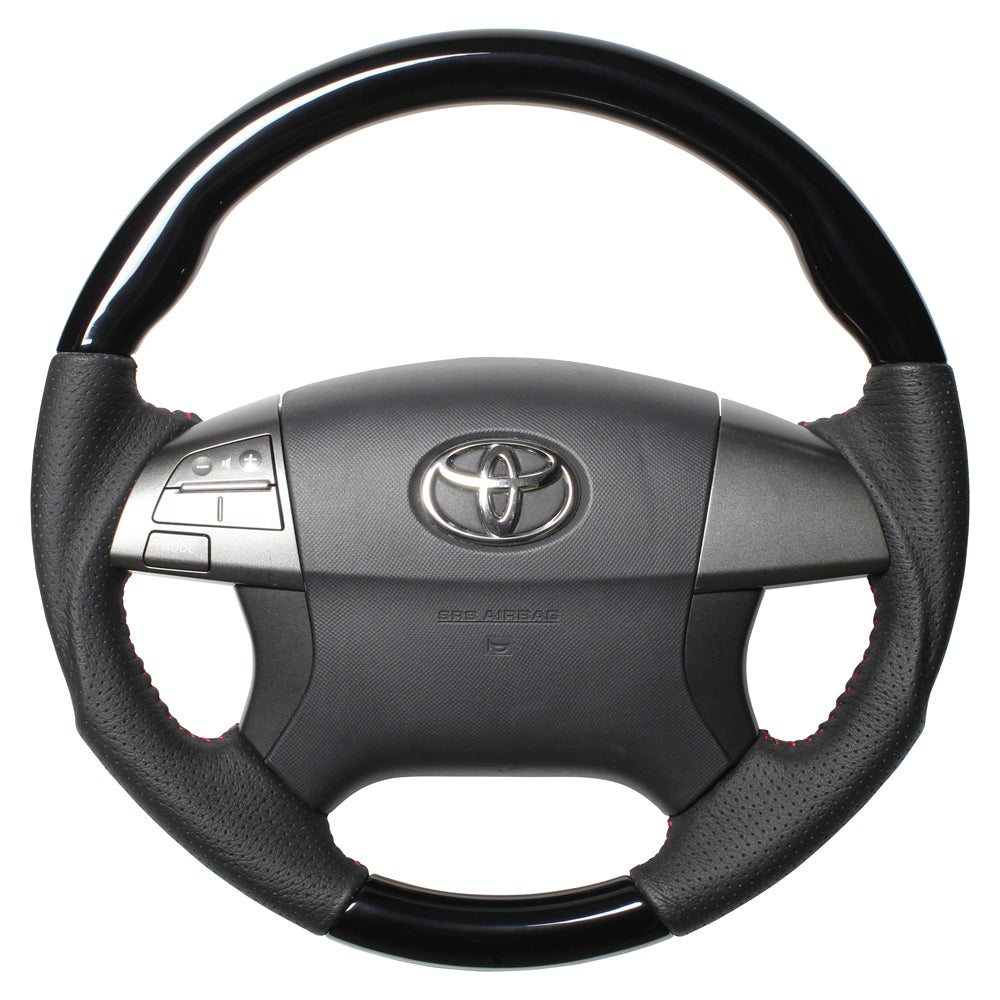 REAL ORIGINAL SERIES ROUND SHAPE PIANO BLACK RED STITCH STEERING WHEEL FOR TOYOTA VOXY 70 4 SPOKE TYPE R50-PBW-RD