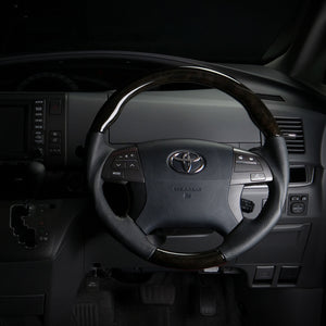 REAL ORIGINAL SERIES ROUND SHAPE BLACK WOOD BLACK STITCH STEERING WHEEL FOR TOYOTA BLADE 150 : ZENKI  R50-BKW-BK
