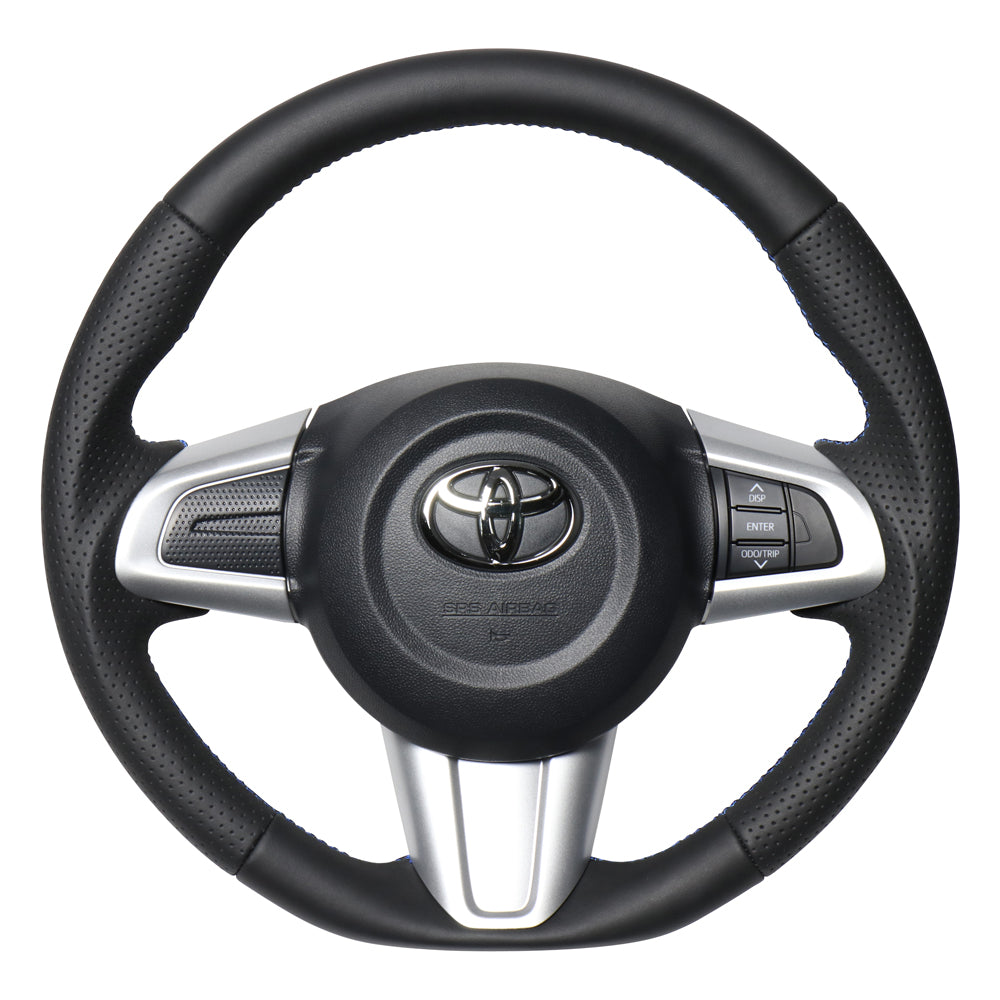REAL ORIGINAL SERIES SOFT D SHAPE ALL LEATHER BLUE X BLACK EURO STITCH STEERING WHEEL FOR DAIHATSU BOON 700  M90-LPB-BL