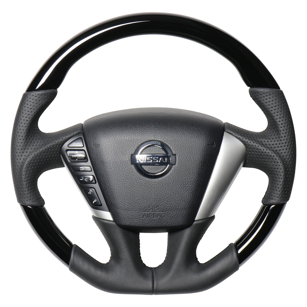 REAL ORIGINAL SERIES SOFT D SHAPE PIANO BLACK BLACK EURO STITCH STEERING WHEEL FOR NISSAN ELGRAND E52  NSC-PBW-BK - Black Hawk Japan