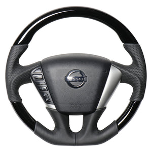 REAL ORIGINAL SERIES SOFT D SHAPE PIANO BLACK BLACK EURO STITCH STEERING WHEEL FOR NISSAN ELGRAND E52  NSC-PBW-BK - Black Hawk Japan