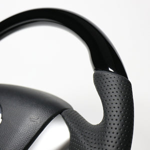 REAL ORIGINAL SERIES SOFT D SHAPE PIANO BLACK BLACK EURO STITCH STEERING WHEEL FOR NISSAN ELGRAND E52  NSC-PBW-BK - Black Hawk Japan