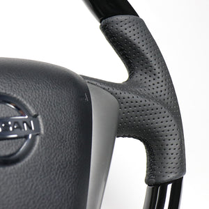 REAL ORIGINAL SERIES SOFT D SHAPE PIANO BLACK BLACK EURO STITCH STEERING WHEEL FOR NISSAN ELGRAND E52  NSC-PBW-BK - Black Hawk Japan