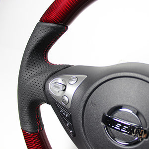 REAL ORIGINAL SERIES D SHAPE RED CARBON RED X BLACK EURO STITCH STEERING WHEEL FOR NISSAN MARCH NISMO K13  NSB-RDC-RD