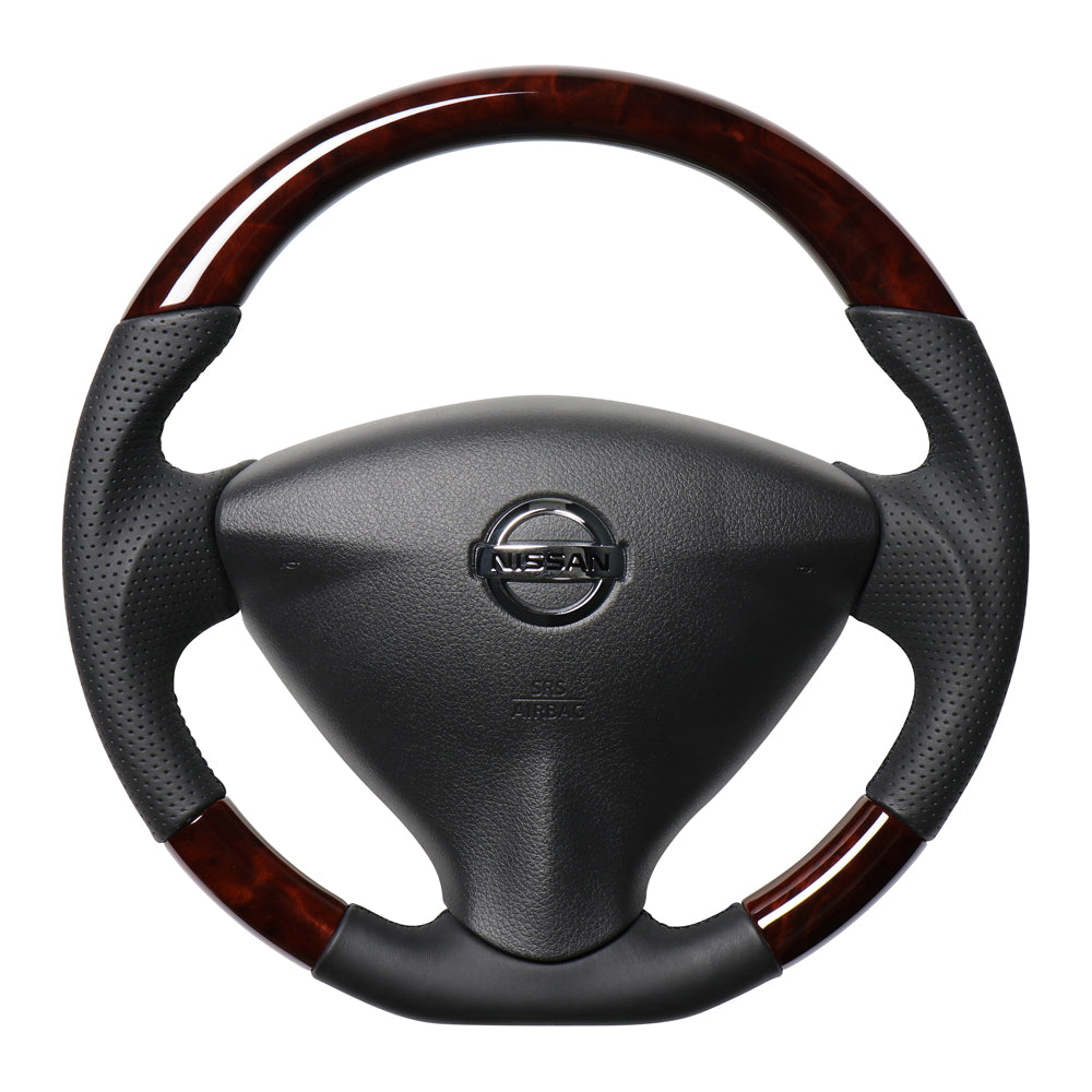 REAL ORIGINAL SERIES SOFT D SHAPE BROWN WOOD BLACK EURO STITCH STEERING WHEEL FOR NISSAN SERENA C26  NSA-BRW-BK
