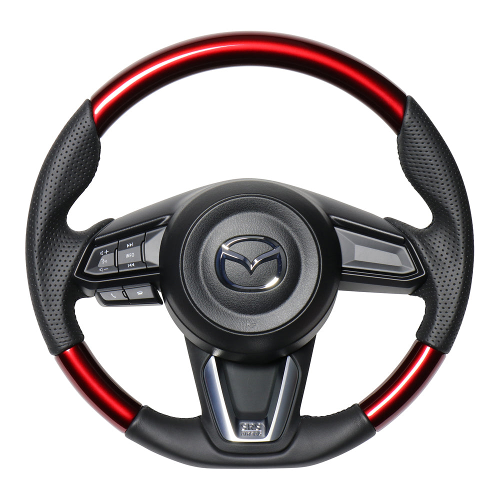 REAL ORIGINAL SERIES SOFT D SHAPE PEARL RED BLACK EURO STITCH STEERING WHEEL FOR MAZDA DEMIO DJ: KOUKI  MZD-RDW-BK