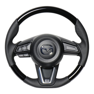 REAL ORIGINAL SERIES SOFT D SHAPE PIANO BLACK BLACK EURO STITCH STEERING WHEEL FOR MAZDA DEMIO DJ: KOUKI  MZD-PBW-BK