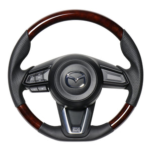 REAL ORIGINAL SERIES SOFT D SHAPE BROWN WOOD BLACK EURO STITCH STEERING WHEEL FOR MAZDA CX-3 DK:LATE  MZD-BRW-BK