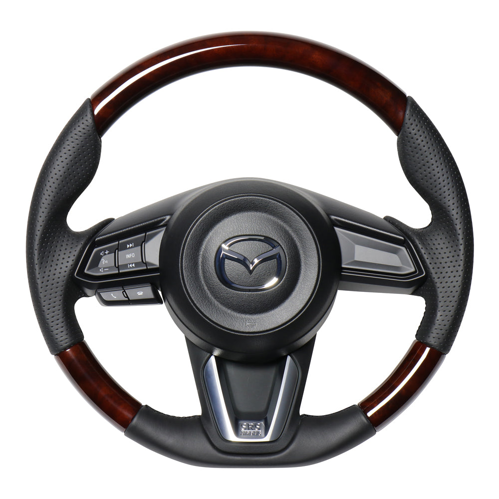 REAL ORIGINAL SERIES SOFT D SHAPE BROWN WOOD BLACK EURO STITCH STEERING WHEEL FOR MAZDA AXELA BM:LATE BY:LATE  MZD-BRW-BK
