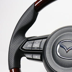 REAL ORIGINAL SERIES SOFT D SHAPE BROWN WOOD BLACK EURO STITCH STEERING WHEEL FOR MAZDA CX-5 KF  MZD-BRW-BK