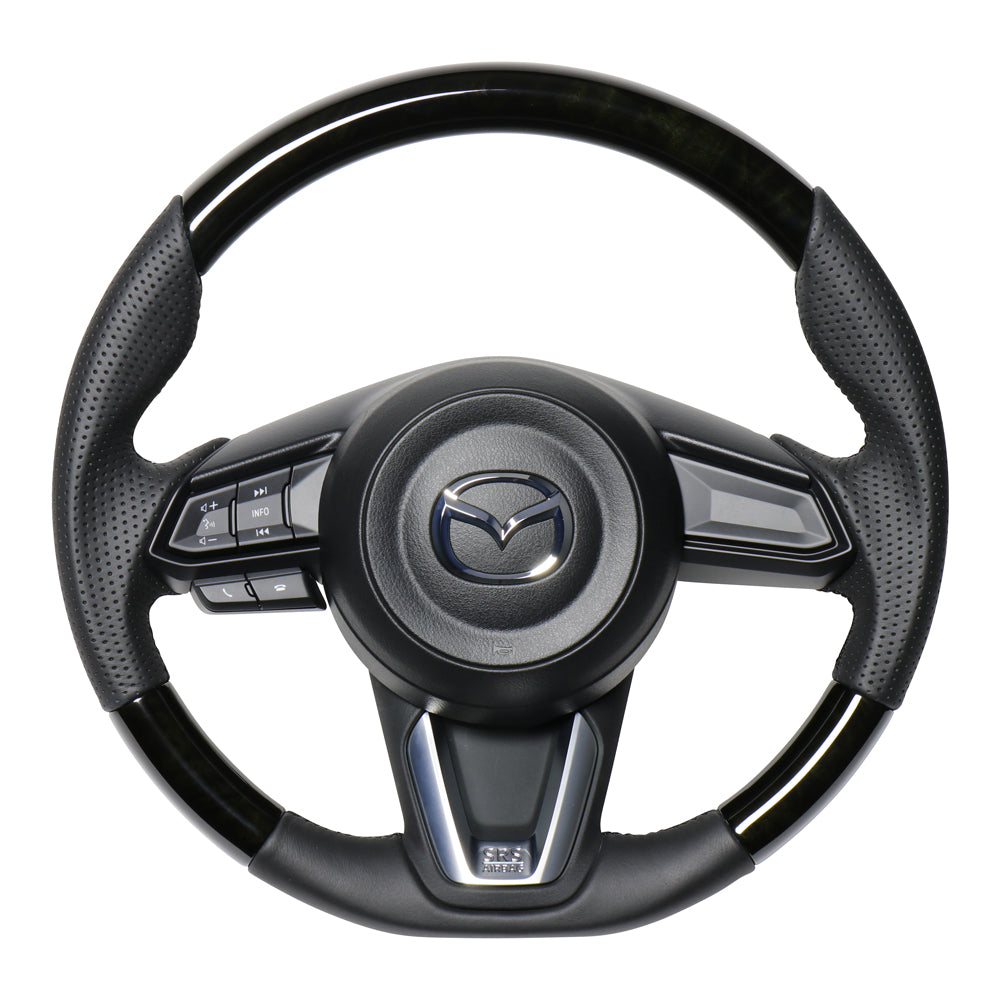 REAL ORIGINAL SERIES SOFT D SHAPE BLACK WOOD BLACK EURO STITCH STEERING WHEEL FOR MAZDA DEMIO DJ: KOUKI  MZD-BKW-BK
