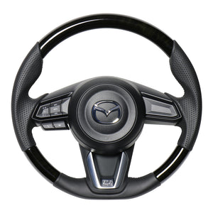 REAL ORIGINAL SERIES SOFT D SHAPE BLACK WOOD BLACK EURO STITCH STEERING WHEEL FOR MAZDA CX-5 KF  MZD-BKW-BK