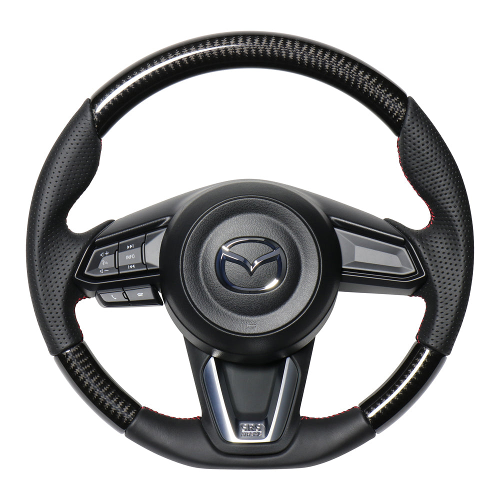 REAL ORIGINAL SERIES SOFT D SHAPE BLACK CARBON RED X BLACK EURO STITCH STEERING WHEEL FOR MAZDA MAZDA2 DJ  MZD-BKC-RD