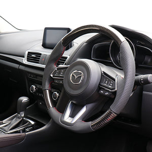 REAL ORIGINAL SERIES SOFT D SHAPE BLACK CARBON RED X BLACK EURO STITCH STEERING WHEEL FOR MAZDA AXELA BM:LATE BY:LATE  MZD-BKC-RD