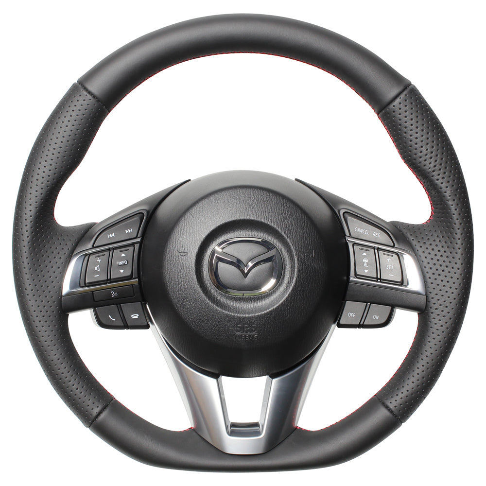 REAL ORIGINAL SERIES D SHAPE ALL LEATHER RED X BLACK EURO STITCH STEERING WHEEL FOR MAZDA AXELA BM:ZENKI BY:ZENKI  MZA-LPB-RD