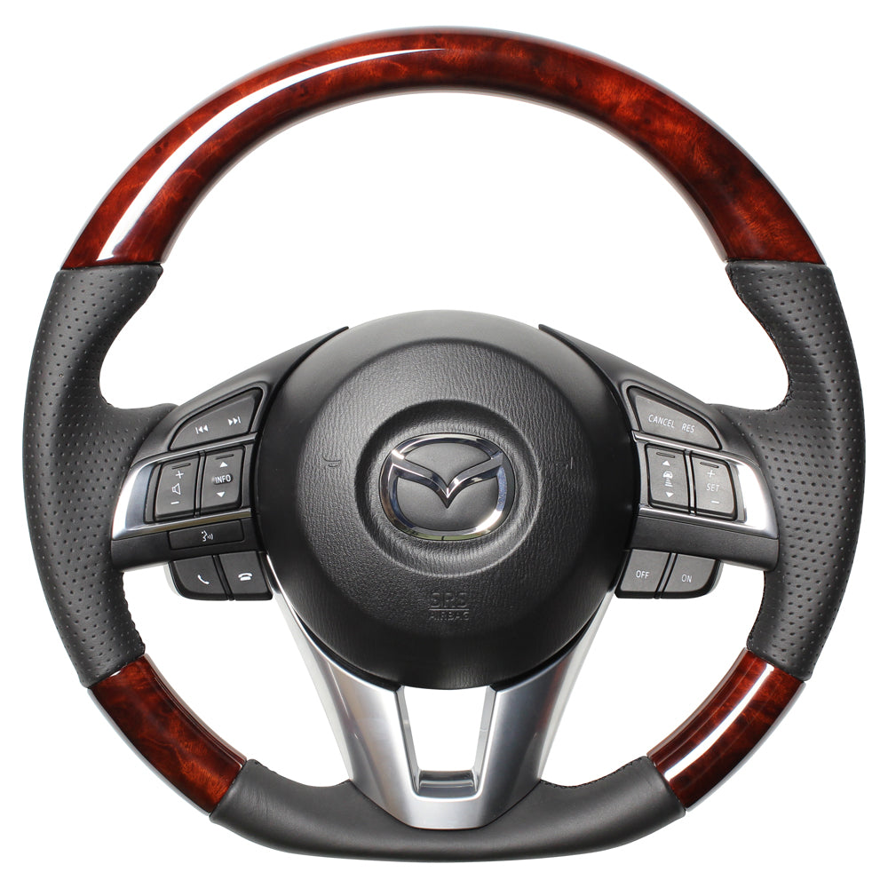 REAL ORIGINAL SERIES D SHAPE BROWN WOOD BLACK EURO STITCH STEERING WHEEL FOR MAZDA CX-3 DK: ZENKI  MZA-BRW-BK