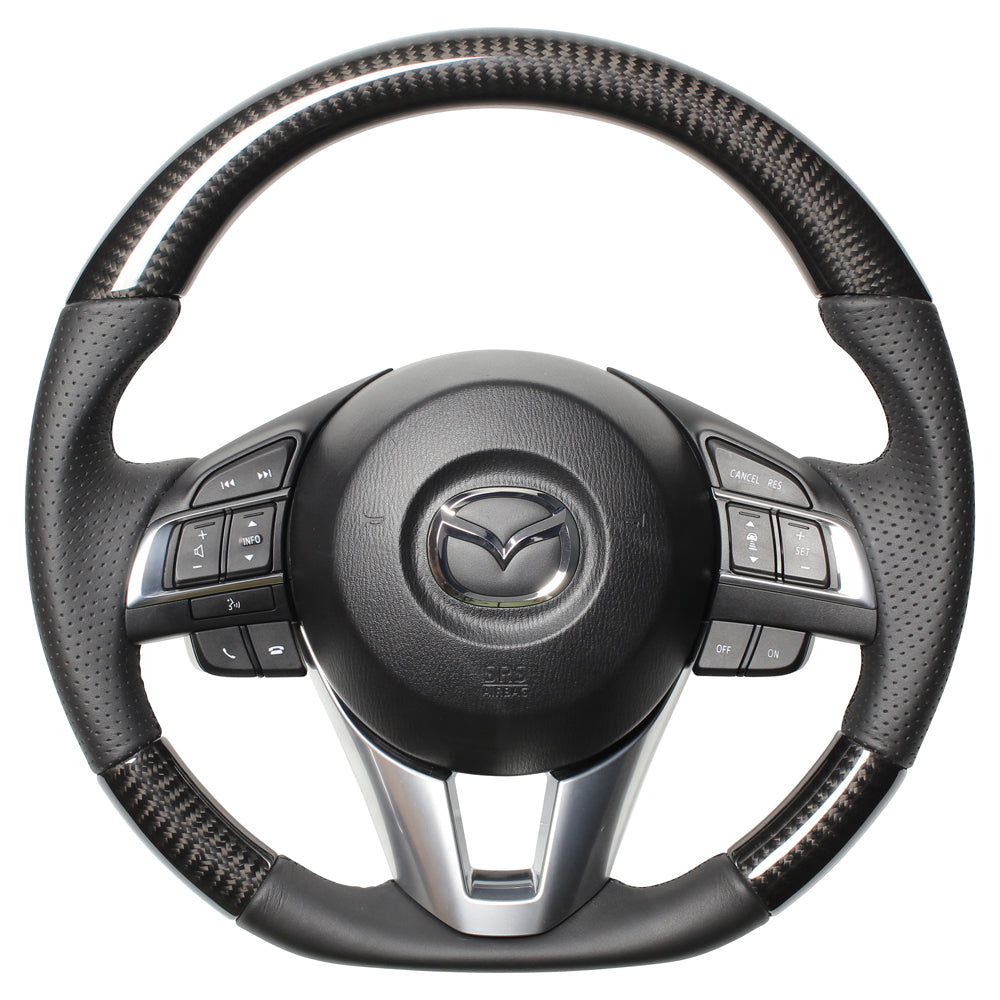 REAL ORIGINAL SERIES D SHAPE BLACK CARBON BLACK EURO STITCH STEERING WHEEL FOR MAZDA DEMIO DJ: ZENKI  MZA-BKC-BK