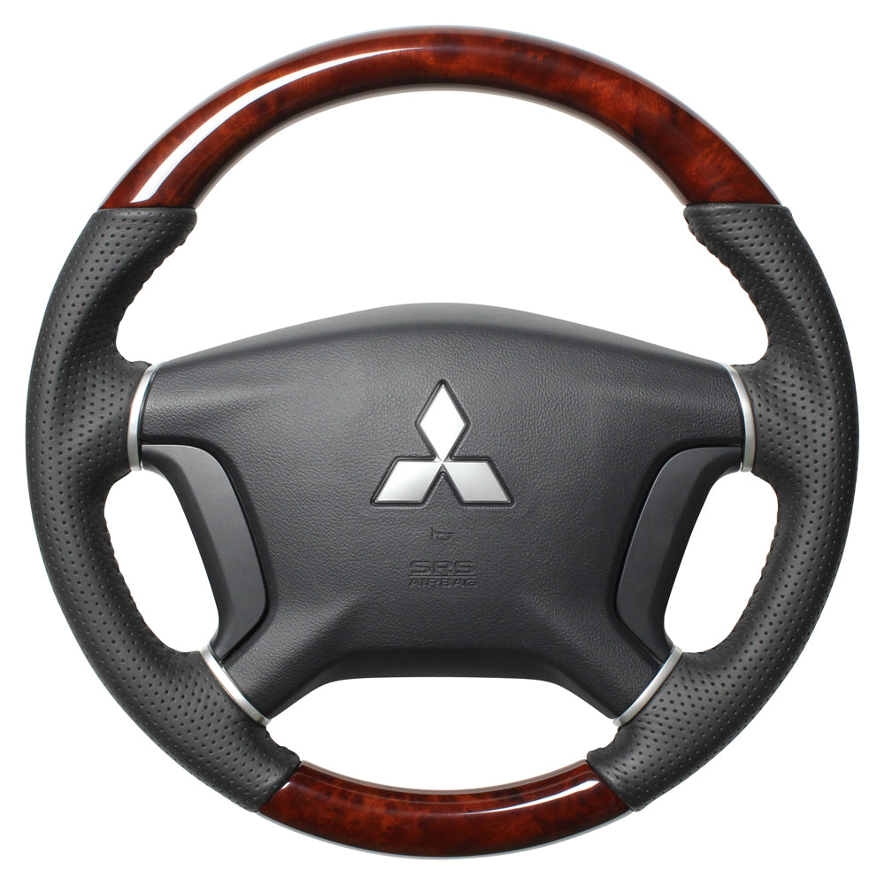 REAL ORIGINAL SERIES ROUND SHAPE BROWN WOOD BLACK STITCH STEERING WHEEL FOR MITSUBISHI DELICA D:5 CV W:ZENKI  D5-BRW-BK - Black Hawk Japan