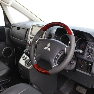 REAL ORIGINAL SERIES ROUND SHAPE BROWN WOOD BLACK STITCH STEERING WHEEL FOR MITSUBISHI DELICA D:5 CV W:ZENKI  D5-BRW-BK - Black Hawk Japan