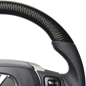 REAL LEXUS SERIES D SHAPE BLACK CARBON & WHITE LEATHER WHITE X BLACK EURO STITCH STEERING WHEEL FOR LEXUS RC 10 : KOUKI  LXB-BKC-WH