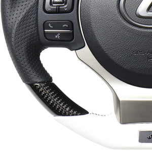 REAL LEXUS SERIES D SHAPE BLACK CARBON & WHITE LEATHER WHITE X BLACK EURO STITCH STEERING WHEEL FOR LEXUS RC 10 : KOUKI  LXB-BKC-WH