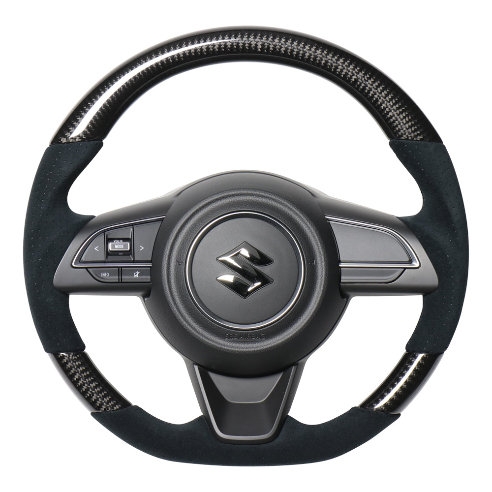 REAL ORIGINAL SERIES SOFT D SHAPE BLACK CARBON & BLACK ULTRA SUEDE BLACK EURO STITCH STEERING WHEEL FOR SUZUKI SWIFT ZC13S ZC43S ZC53S ZD53S ZC83S ZD83S  SZA-BKC-ALC