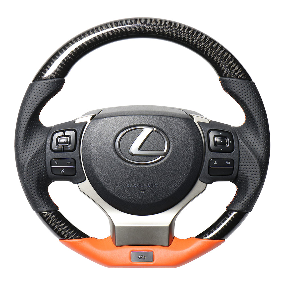 REAL LEXUS SERIES D SHAPE BLACK CARBON & ORANGE LEATHER ORANGE X BLACK EURO STITCH STEERING WHEEL FOR LEXUS NX 10 : KOUKI  LXB-BKC-OR