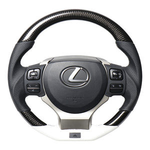 REAL LEXUS SERIES D SHAPE BLACK CARBON & WHITE LEATHER WHITE X BLACK EURO STITCH STEERING WHEEL FOR LEXUS GS F 10 : KOUKI  LXB-BKC-WH
