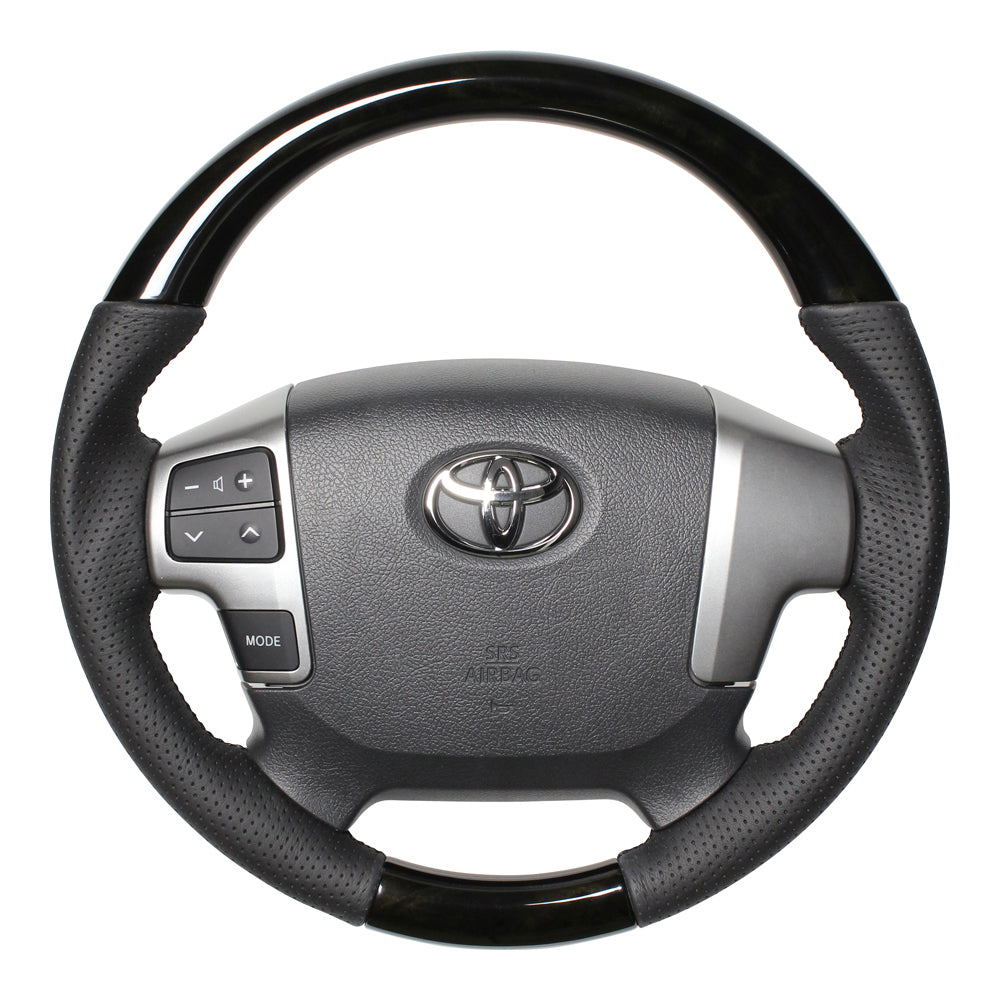 REAL ORIGINAL SERIES GUN GRIP SMALL DIAMETER ROUND SHAPE BLACK WOOD BLACK EURO STITCH STEERING WHEEL FOR TOYOTA REGIUS ACE 200 : 4 TYPE OR KOUKI  H214-BKW-BK