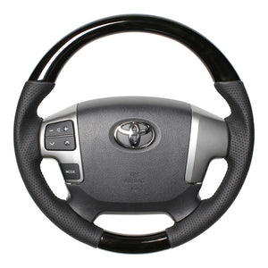 REAL ORIGINAL SERIES GUN GRIP SMALL DIAMETER ROUND SHAPE BLACK WOOD BLACK EURO STITCH STEERING WHEEL FOR TOYOTA REGIUS ACE 200 : 4 TYPE OR KOUKI  H214-BKW-BK