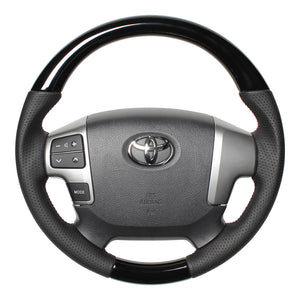 REAL ORIGINAL SERIES GUN GRIP SMALL DIAMETER ROUND SHAPE PIANO BLACK RED X BLACK EURO STITCH STEERING WHEEL FOR TOYOTA HIACE 200 : 4 TYPE OR KOUKI  H214-PBW-RD