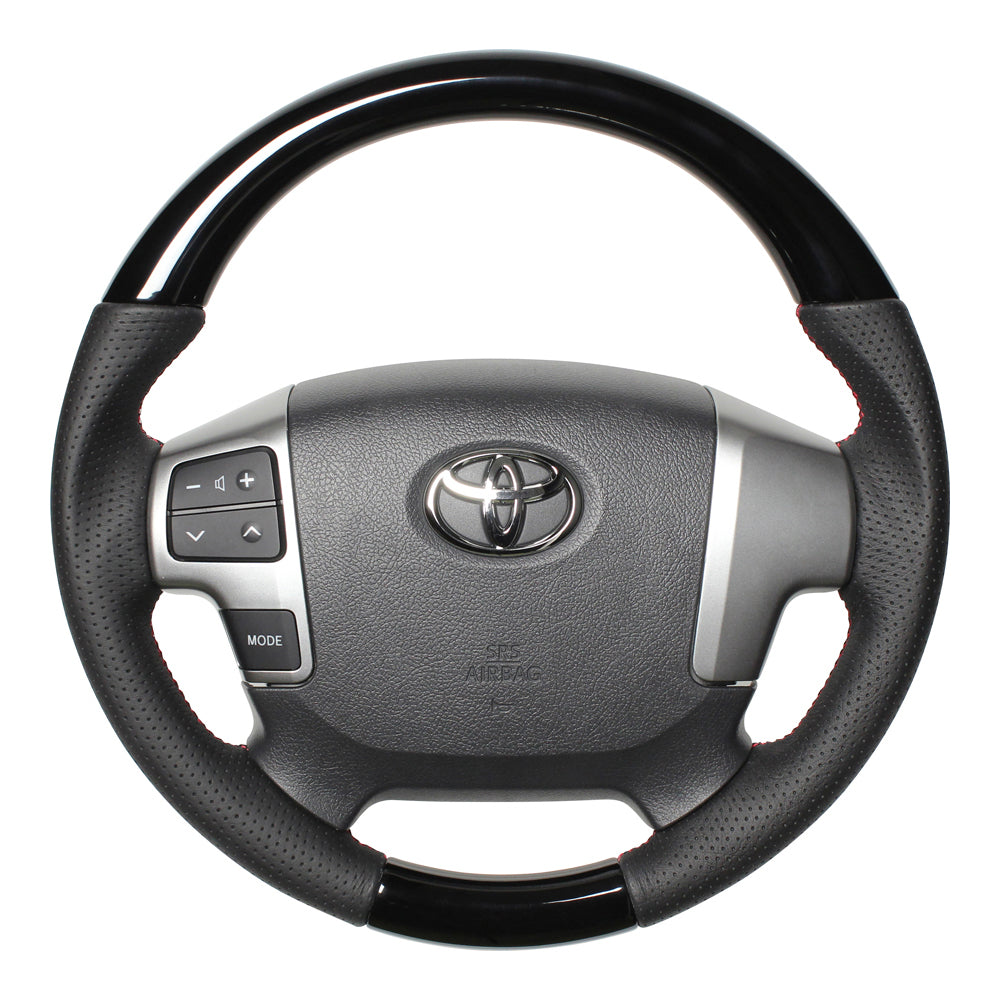 REAL ORIGINAL SERIES GUN GRIP SMALL DIAMETER ROUND SHAPE PIANO BLACK RED X BLACK EURO STITCH STEERING WHEEL FOR TOYOTA REGIUS ACE 200 : 4 TYPE OR KOUKI  H214-PBW-RD