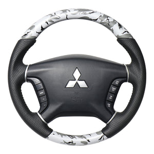 REAL ORIGINAL SERIES ROUND SHAPE GRAY CAMOUFLAGE PRINT BLACK STITCH STEERING WHEEL FOR MITSUBISHI PAJERO V8 W V9 W  D5-GRT-BK