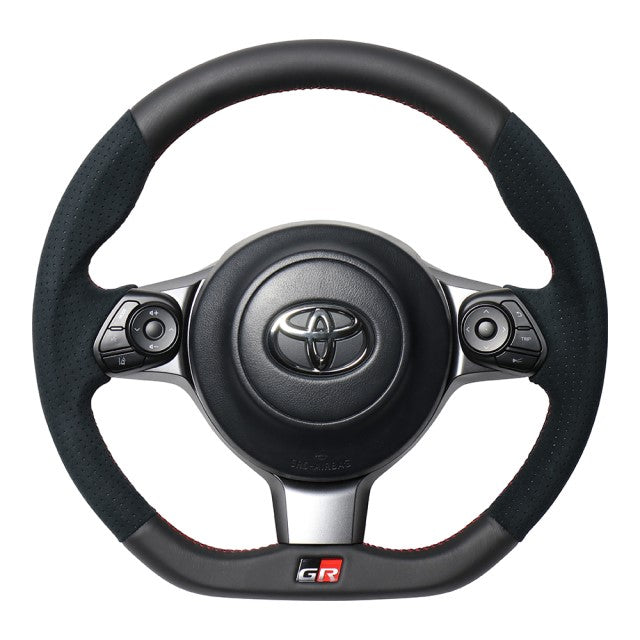 REAL ORIGINAL SERIES EMBLEM TYPE D SHAPE BLACK LEATHER & BLACK ULTRA SUEDE RED X BLACK EURO STITCH STEERING WHEEL FOR TOYOTA C-HR GR SPORT 10  GRM-ALC-RD