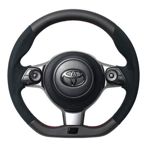 REAL ORIGINAL SERIES EMBLEM TYPE D SHAPE BLACK LEATHER & BLACK ULTRA SUEDE RED X BLACK EURO STITCH STEERING WHEEL FOR TOYOTA MARK X GRMN 130  GRM-ALC-RD