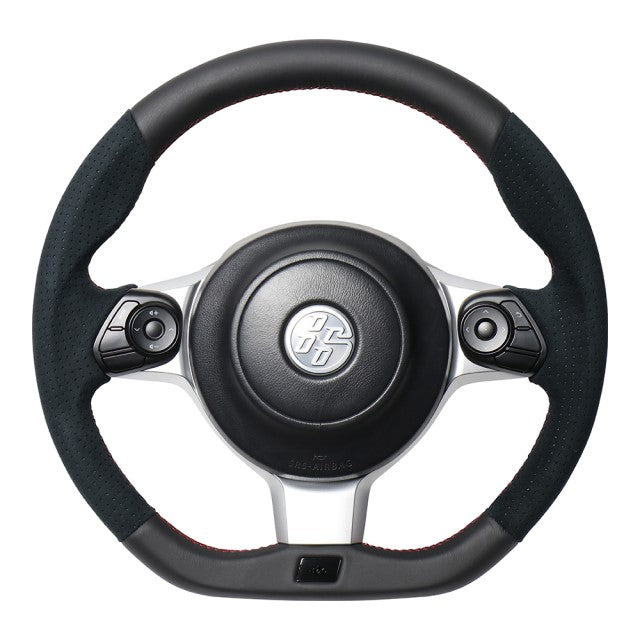 REAL ORIGINAL SERIES EMBLEM TYPE BLACK LEATHER & BLACK ULTRA SUEDE RED X BLACK EURO STITCH STEERING WHEEL FOR TOYOTA 86 GR ZN6 GRM-ALC-RD