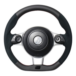 REAL ORIGINAL SERIES EMBLEM TYPE BLACK LEATHER & BLACK ULTRA SUEDE RED X BLACK EURO STITCH STEERING WHEEL FOR TOYOTA 86 ZN6 KOUKI GRM-ALC-RD
