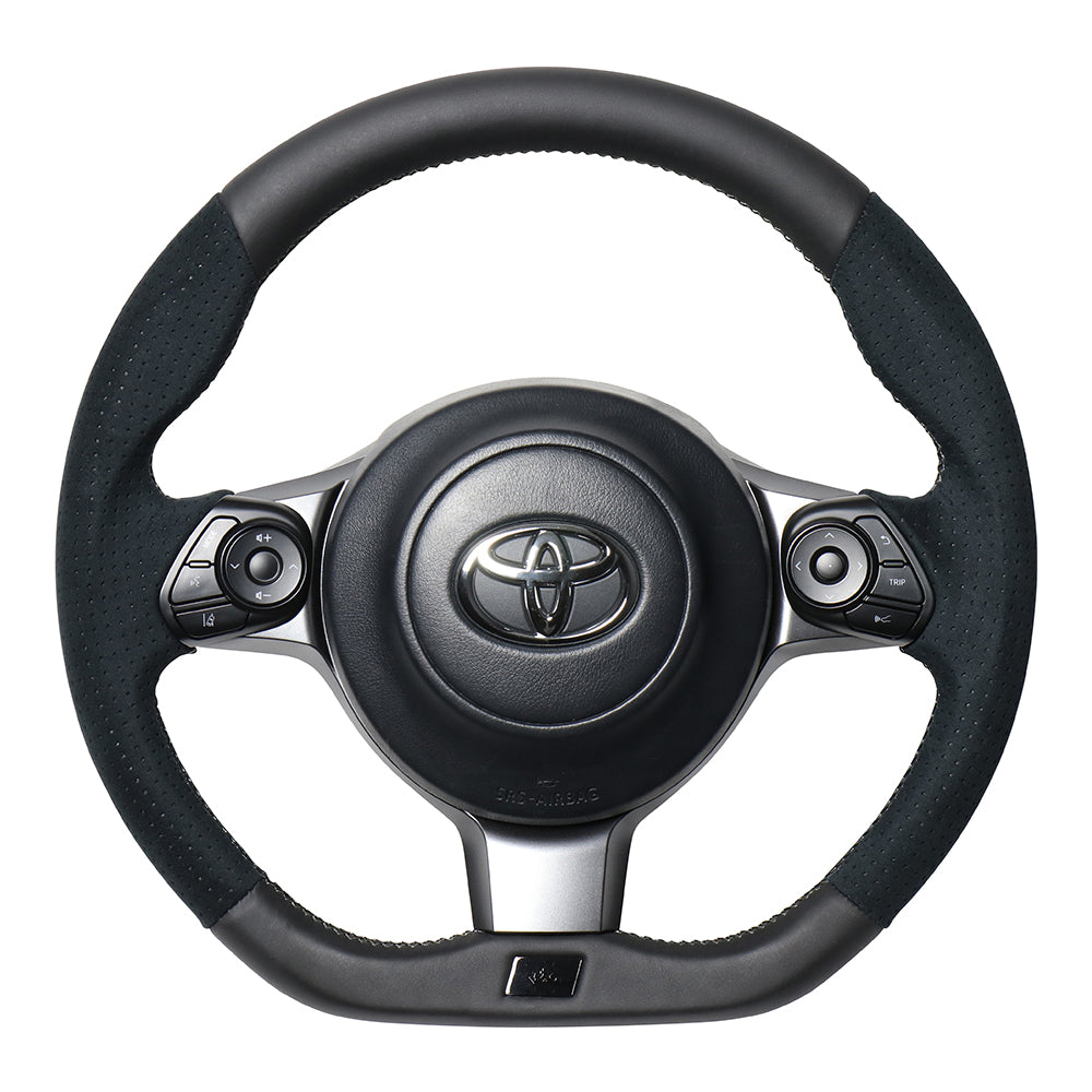 REAL ORIGINAL SERIES EMBLEM TYPE D SHAPE BLACK LEATHER & BLACK ULTRA SUEDE SILVER X BLACK EURO STITCH STEERING WHEEL FOR TOYOTA PRIUS Α GR SPORT 40  GRM-ALC-SL