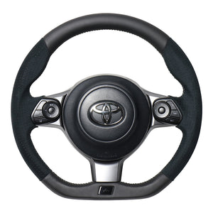REAL ORIGINAL SERIES EMBLEM TYPE D SHAPE BLACK LEATHER & BLACK ULTRA SUEDE SILVER X BLACK EURO STITCH STEERING WHEEL FOR TOYOTA PRIUS Α GR SPORT 40  GRM-ALC-SL